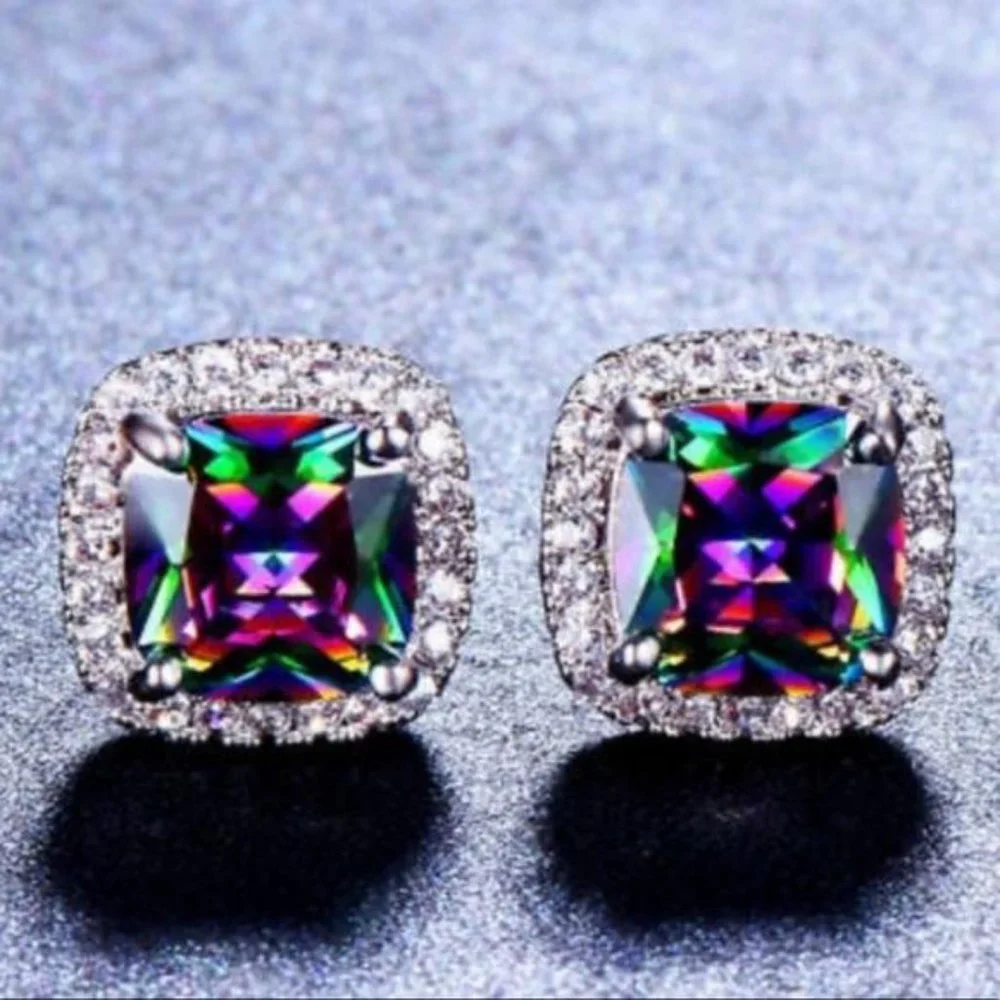 RAINBOW MYSTIC TOPAZ DIAMOND HALO STUD EARRINGS - Picture 2 of 4